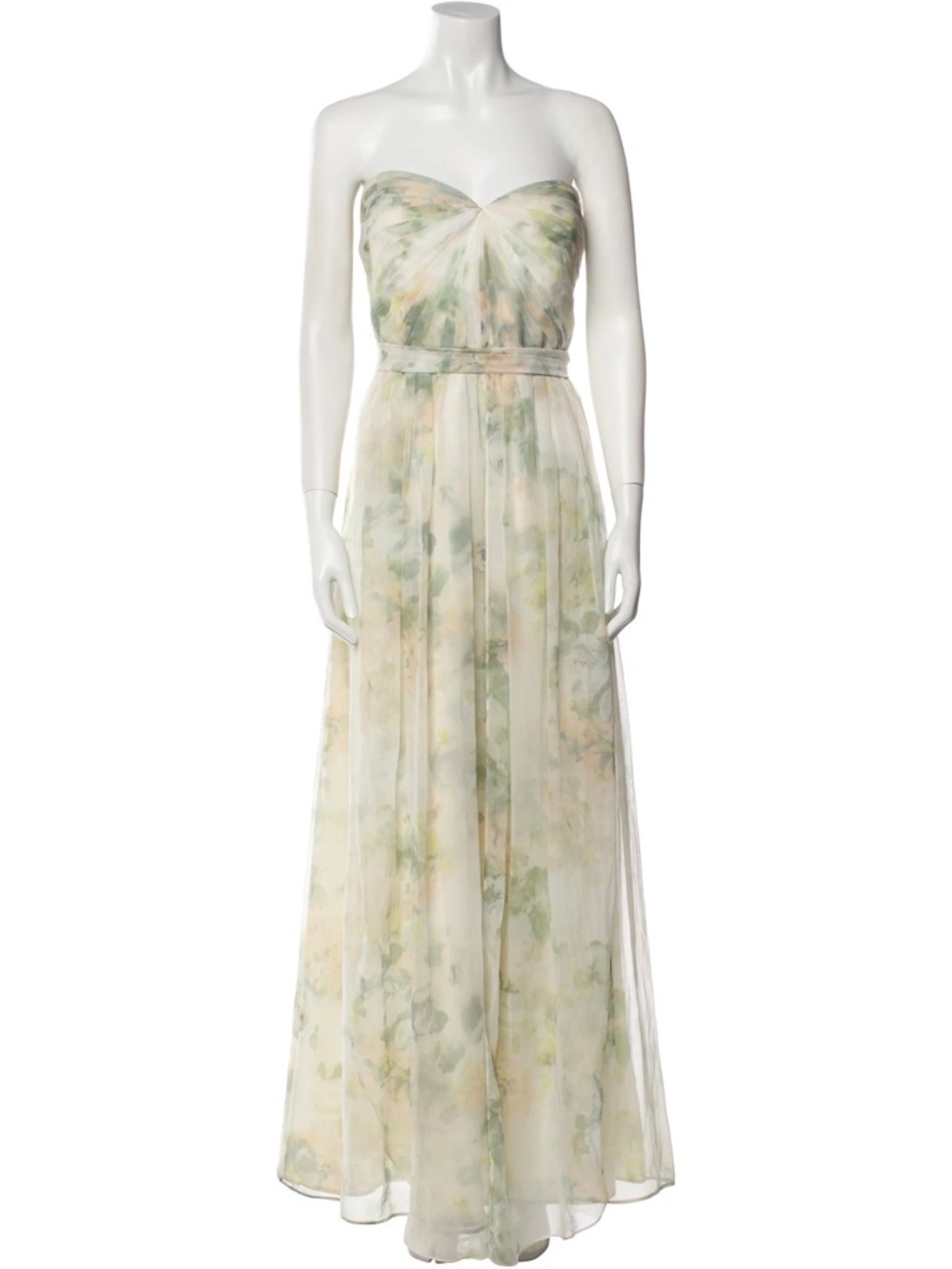 Jenny Yoo Strapless Floral Chiffon Gown - Pale Green and Cream